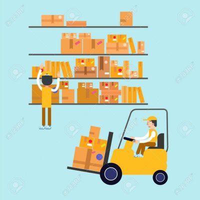 Postmen Laid Parcels. Worker on Forklift. Post Office. Postal Storage. Vector illustration